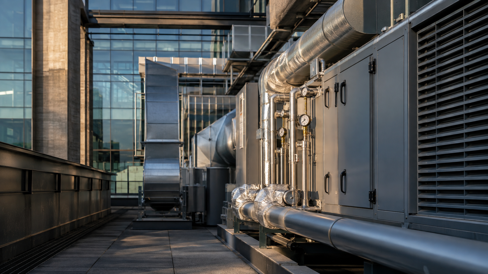 Equipos HVAC, conductos y elementos de control en la cubierta técnica de un edificio