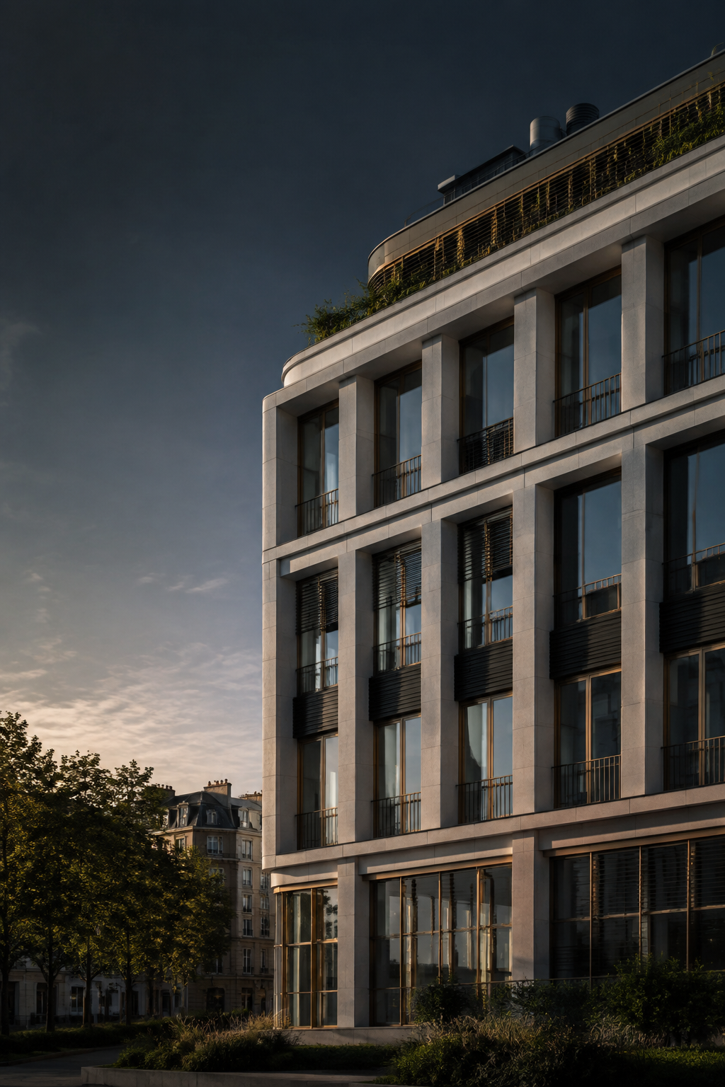 Edificio contemporáneo con sistemas de control solar y cubierta técnica